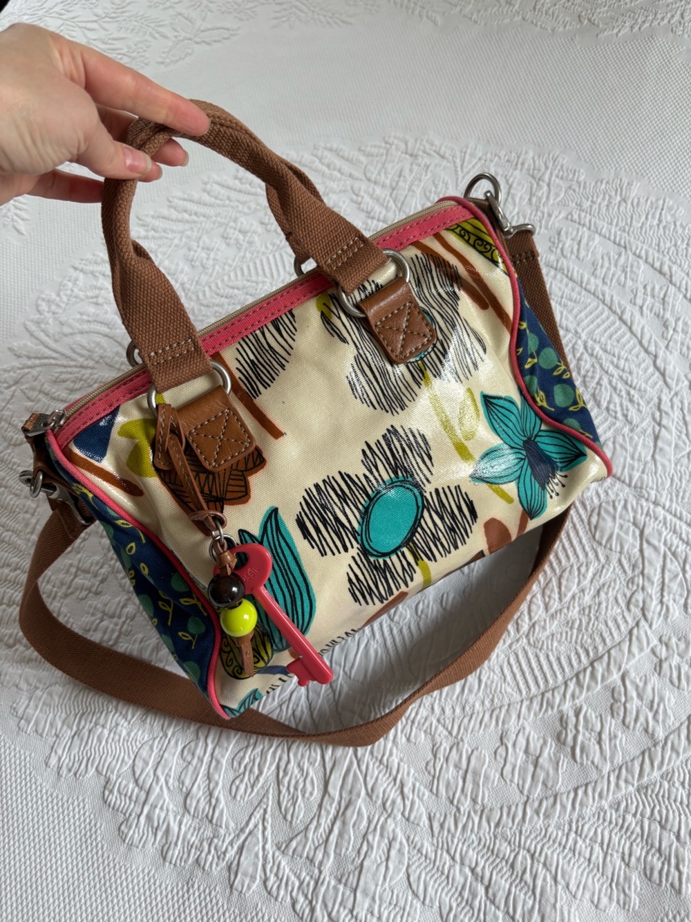 Fossil Key-Per mod floral handbag satchel shoulder bag coated canvas retro